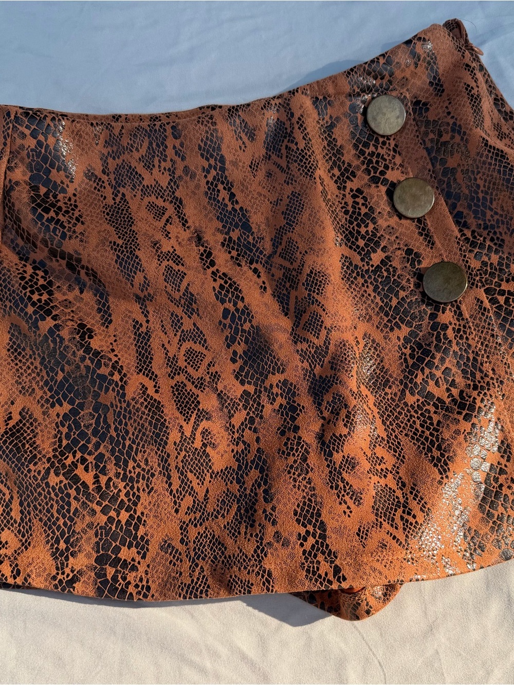 Haute Monde Rust Brown Snake-Print Mini Skirt with Button Accents